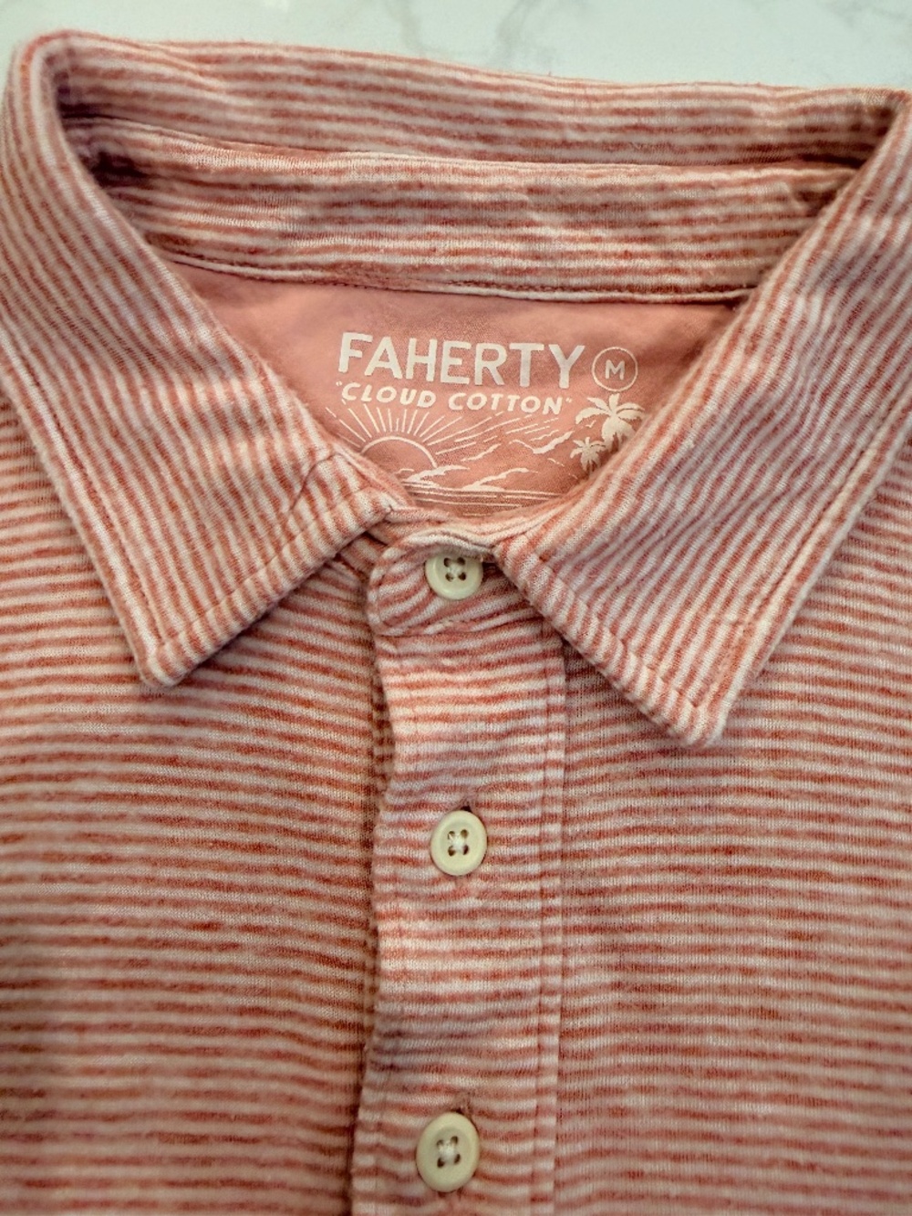 Faherty Polo Shirt Mens Medium Orange Striped Cloud Preppy Collared Shirt